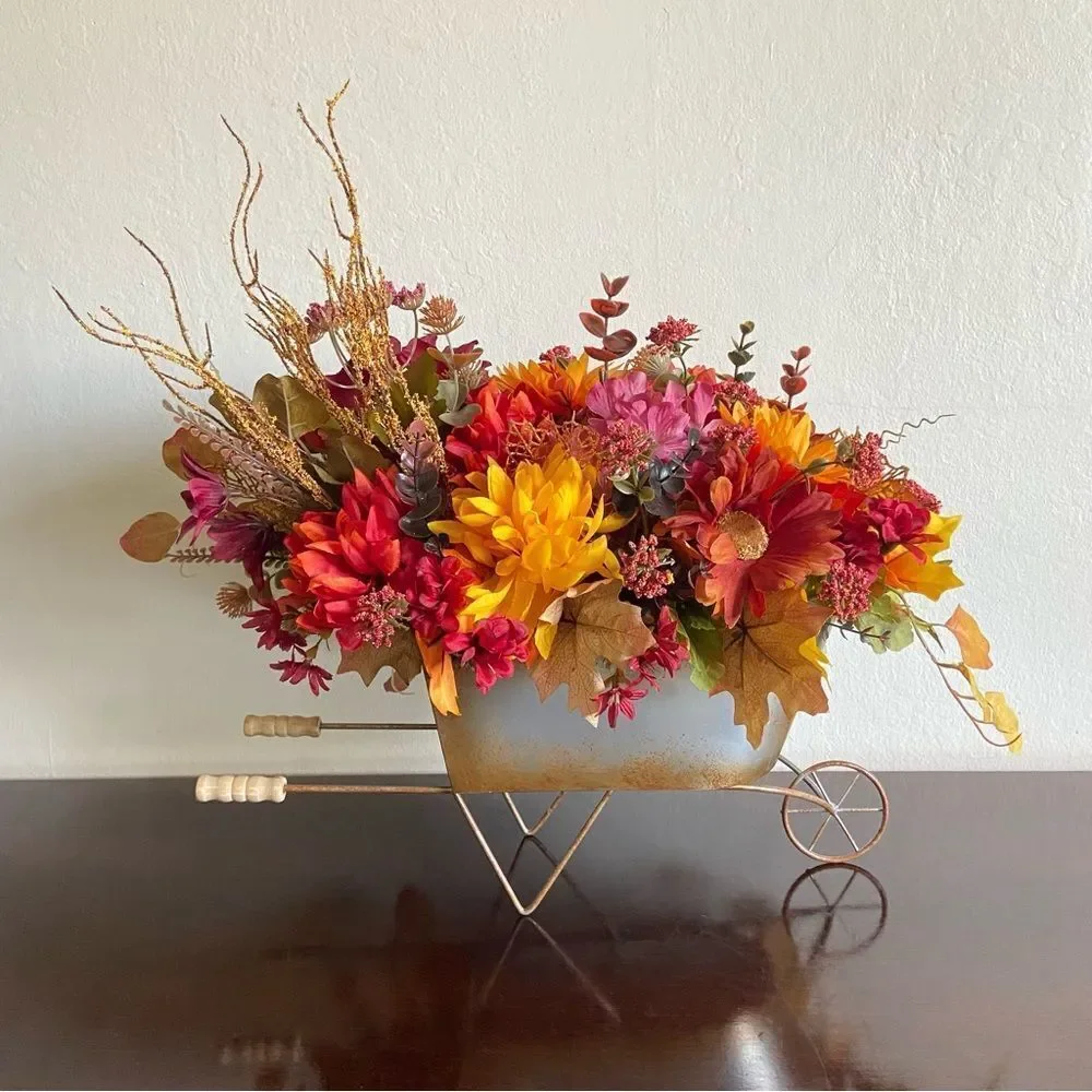 Faux Floral Bouquet In Garden Cart With Pink Roses